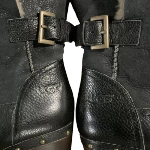 UGG Amoret women's black leather sheep shearling platform COZY boots size 6 NEW - Picture 8 of 11
